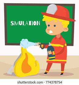 Cute little fire fighter in action cartoon illustration series