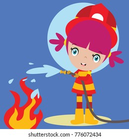 Cute little fire fighter in action cartoon illustration series