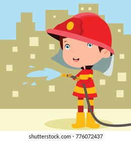 Cute little fire fighter in action cartoon illustration series