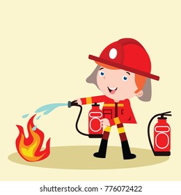 Cute little fire fighter using an extinguisher in action cartoon illustration series