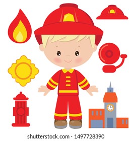 Cute little fireman blonde boy vector cartoon illustration