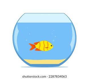 Cute little fish in aquarium. Colorful exotic fish in a fishbowl with sand on the bottom. Vector illustration