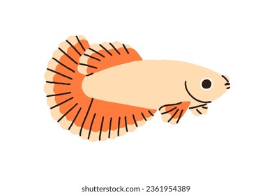 Cute little fish with big fins. Tropical exotic marine water animal. Ornamental aquarium fauna. Miniature sea and ocean betta. Flat graphic vector illustration isolated on white background