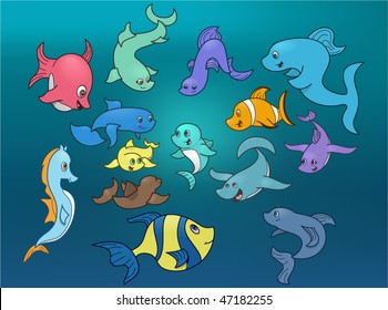 Cute little fish surrounded by marine life - vector cartoon illustration