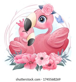 Cute little flamingo mother and baby illustration