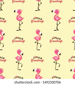 Cute little flamingos on a yellow background. Seamless pattern with pink birds. Good for children's t-shirts, textiles, gifts, holiday party decoration.