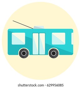 Cute little flat trolley bus icon, nice cartoon ecological public city transport symbol, blue trolley