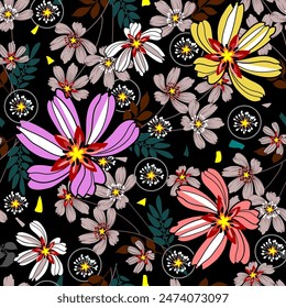 Lindo pequeño patrón de flores en púrpura, naranja, amarillo, blanco, marrón claro, dibujado a mano, sin costuras sobre un fondo negro. Diseñado para tela, textiles, Fondo de pantalla, envoltura de regalo.