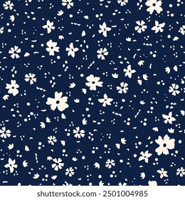 Cute little flowers with dots all over surface print. Random placed, vector botanical elements aop, seamless repeat pattern on dark blue background.