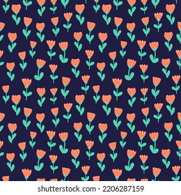 Cute little flowers with leaves seamless repeat pattern. Botanical vector all over surface print on dark blue background.