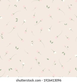 Cute little flowers on a seamless canvas. Pink and white rose buds on a pink background. Undiscovered flowers and leaves vector pattern. Print for fabric, dress, cover, scrapbooking.