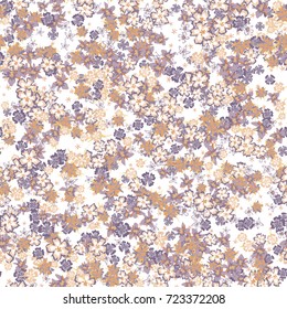 Cute Little Flowers in Retro Style on White Background. Seamless Pattern for Feminine Textile, Linen, Wrapping, Fabric. Simple Rustic Background in Light Colors