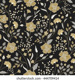 Cute little flowers seamless pattern background. vector. Golden tone on black.