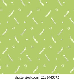 Cute little flowers and twigs on a green background. Spring seamless pattern