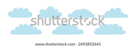 Cute little fluffy, cumulus clouds collection, isolated on transparent background. Hand drawn flat vector illustration. Celestial design element, clip art. Rain cloud, cloudy weather, overcast sky