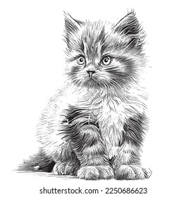 Cute little fluffy kitten sitting sketch hand drawn engraving style Vector illustration