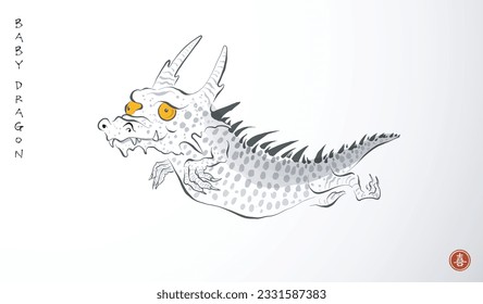 Cute little flying dragon in japanese style on white background. Translation of hieroglyph - joy. Symbol of chinese new year 2024. Year of the dragon