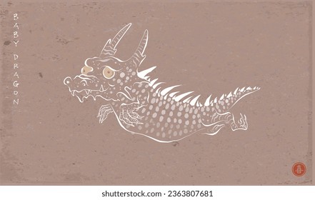 Cute little flying dragon in oriental style on brown parcel paper background. Translation of hieroglyph - joy. Symbol of the chinese new year 2024