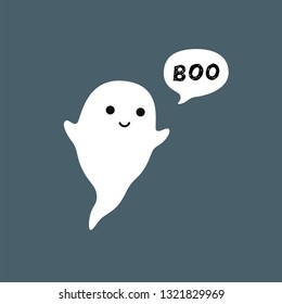 Cute little flying Ghost with white speech bubble Boo. Smiling face, hands. Flat design.