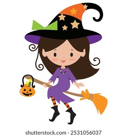 Cute little flying witch girl  vector cartoon illustration