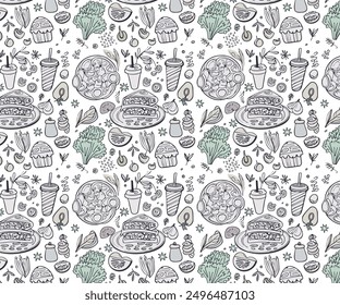 Cute little food doodles, seamless pattern for fabric, textiles, clothing, wrapping paper, cover, banner, home decor, abstract backgrounds, vector illustration