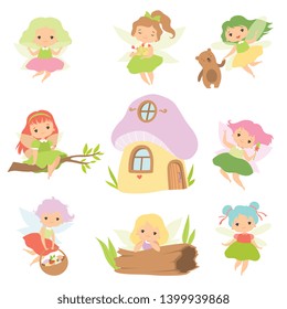 Cute Little Forest Fairies Set, Lovely Fairies Girls Cartoon Characters and Fairytale Fantasy House Vector Illustration