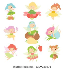 Cute Little Forest Fairies Set, Lovely Fairies Girls Cartoon Characters with Colored Hair and Wings Vector Illustration