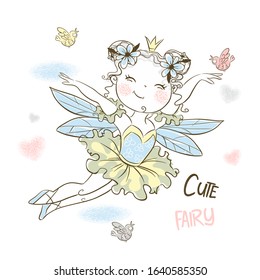 Cute little forest fairy flies with birds. Vector.