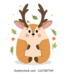 Cute little forest wild animals, Cute woodland animals with leaves, mushrooms, acorns. Vector illustration of bunny, bear, hedgehog, chanterelle, raccoon, deer