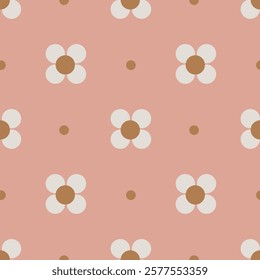 Cute little four petal flowers arranged on a dotted background in a dusty color palette of brown and off white on pink background. A seamless vector pattern. Great for home decor, fabric, wallpaper.