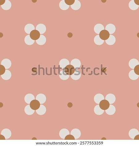 Cute little four petal flowers arranged on a dotted background in a dusty color palette of brown and off white on pink background. A seamless vector pattern. Great for home decor, fabric, wallpaper.