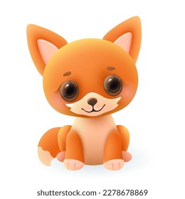 Cute little fox 3d illustration. Adorable wild animal in cartoon style sitting and smiling isolated on white background. Animal, nature, wildlife concept