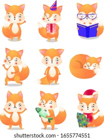 Cute little fox in action set. Raster illustration in flat cartoon style