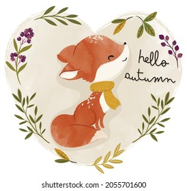 Cute little fox, animal nursery illustration for children.  Watercolor boho forest illustration, watercolor, autumn flowers.