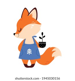 Cute Little Fox in Apron Holding Flowerpot with Seedling Vector Illustration