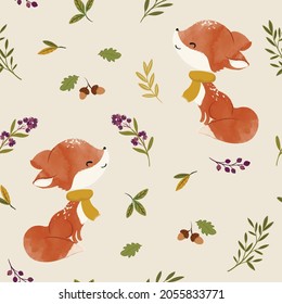 Cute little fox with autumn flowers and leaves, seamless pattern design, animal nursery illustration for children. Watercolor boho forest illustration, watercolor, autumn flowers.