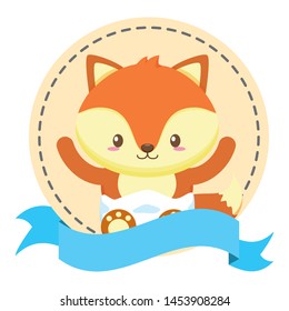 cute little fox baby in frame with ribbon vector illustration design