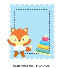 cute little fox baby with rings toy in card vector illustration design
