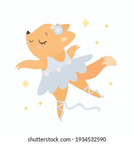 Cute little fox ballerina. Animal dancer, charming fox in pointe shoes