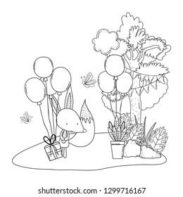 cute and little fox with balloons helium in the landscape