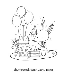 cute and little fox with balloons helium in the landscape
