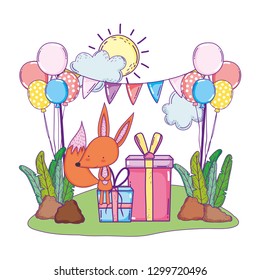 cute and little fox with balloons helium in the landscape