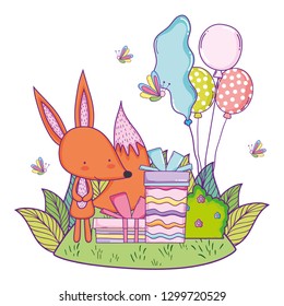 cute and little fox with balloons helium in the landscape