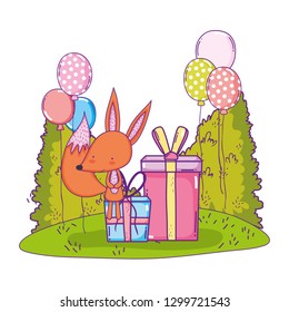 cute and little fox with balloons helium in the landscape