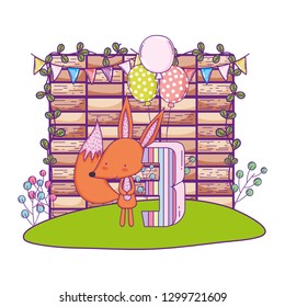 cute and little fox with balloons helium in the landscape