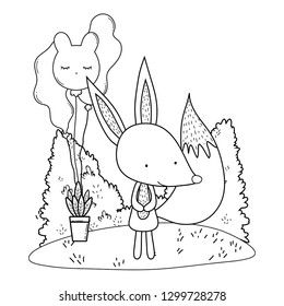 cute and little fox with balloons helium in the landscape