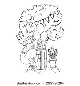 cute and little fox with balloons helium in the landscape