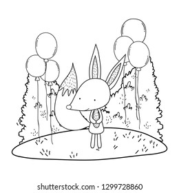 cute and little fox with balloons helium in the landscape