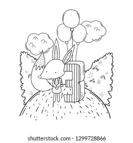cute and little fox with balloons helium in the landscape