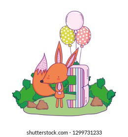 cute and little fox with balloons helium in the landscape